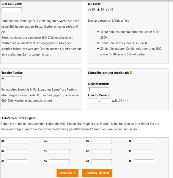 Zur Berechnung der Elo-Zahl sollte man natürlich in der Lage sein die Kerndaten einzutragen